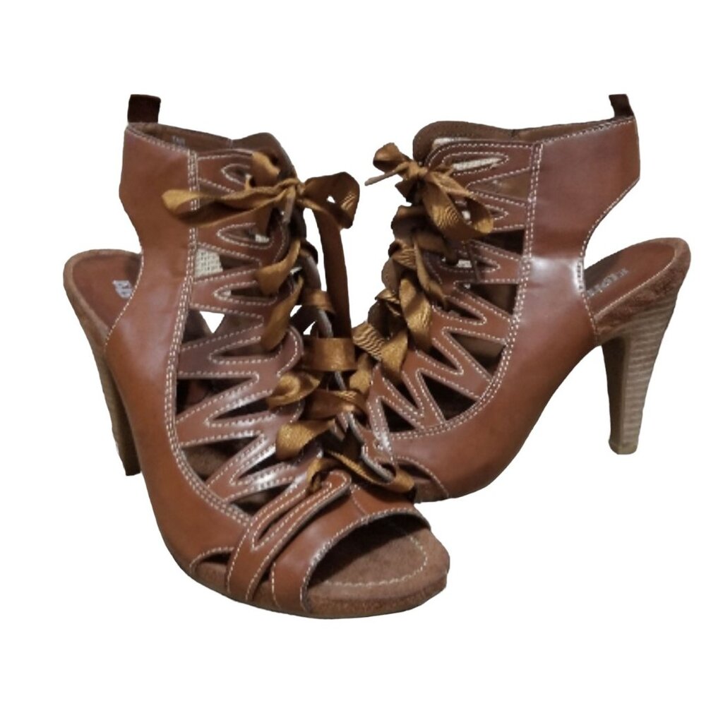 Eldita's 4" Lace Up Gladiator Heels Tan Stiletto Sz 8.5 M Womens Open-Toe Molded
